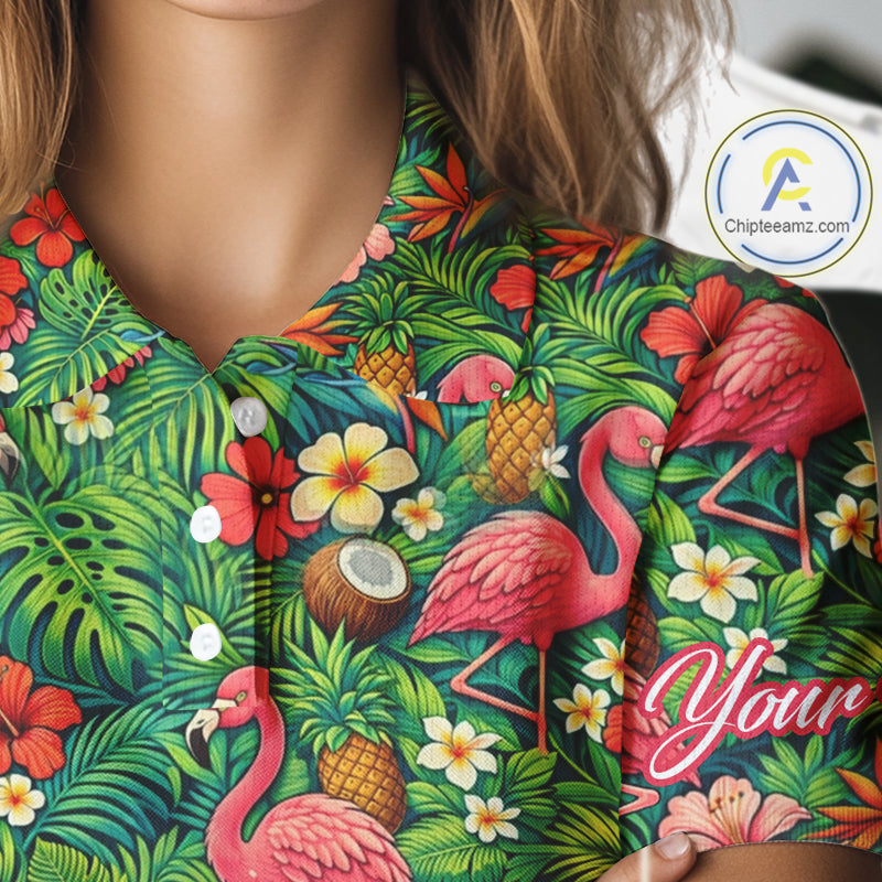 Golf Polo Shirt Colorful Floral Flamingo Pattern Tropical Leaves Custom Name