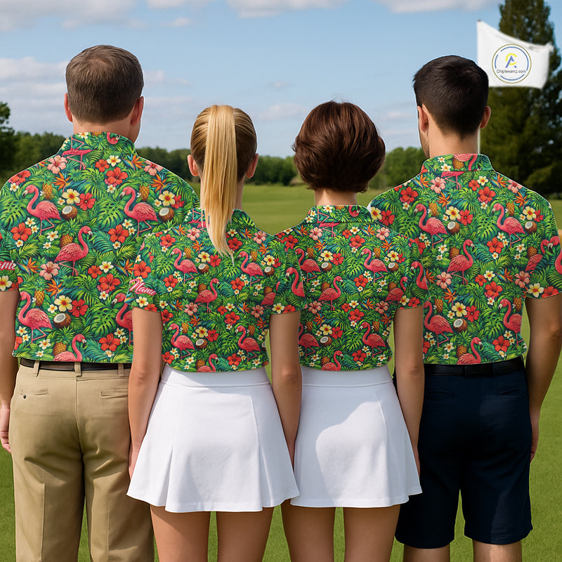's Golf Polo Shirt Colorful Floral Flamingo Pattern Tropical Leaves Custom Name