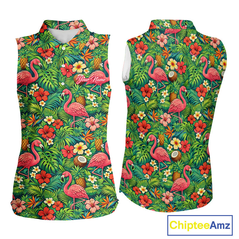 Sleeveless Golf Polo Shirt Colorful Floral Flamingo Pattern Tropical Leaves Custom Name