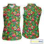 Sleeveless Golf Polo Shirt Colorful Floral Flamingo Pattern Tropical Leaves Custom Name
