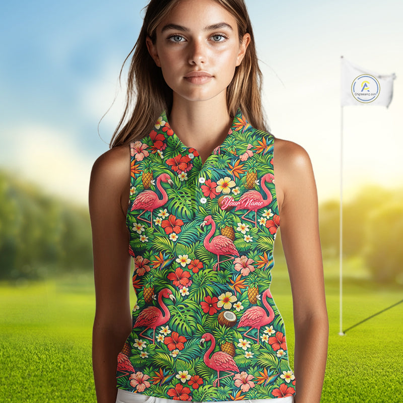 Sleeveless Golf Polo Shirt Colorful Floral Flamingo Pattern Tropical Leaves Custom Name