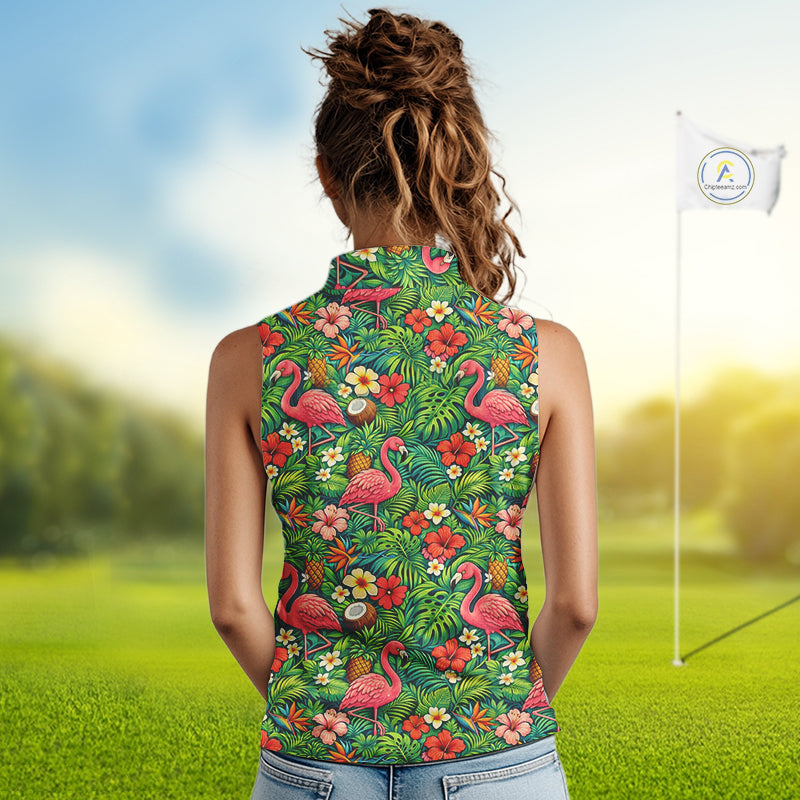 Sleeveless Golf Polo Shirt Colorful Floral Flamingo Pattern Tropical Leaves Custom Name