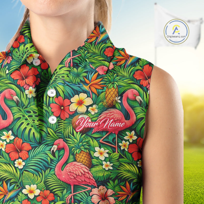 Sleeveless Golf Polo Shirt Colorful Floral Flamingo Pattern Tropical Leaves Custom Name