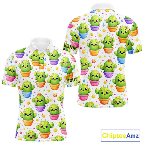 Funny Cactus Flower Pattern Golf Polo, Cute Cartoon Plant Shirt Personalized, Colorful Succulent Shirt