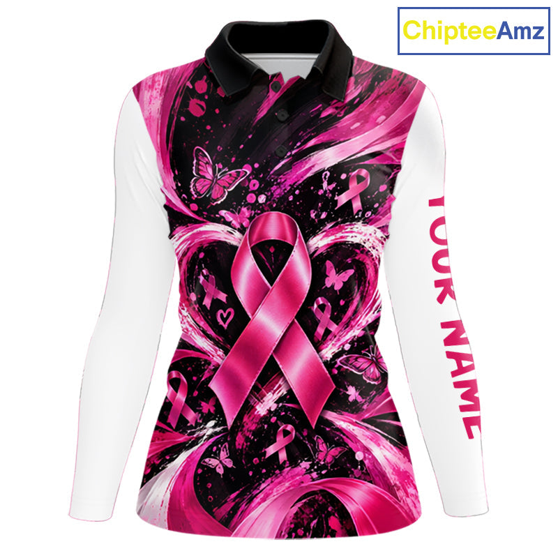 Personalized Pink Ribbon Golf Shirt With Name, Custom Team Name Golf Polo Shirt