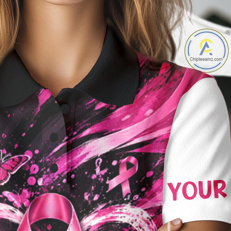 Personalized Pink Ribbon Golf Shirt With Name, Custom Team Name Golf Polo Shirt