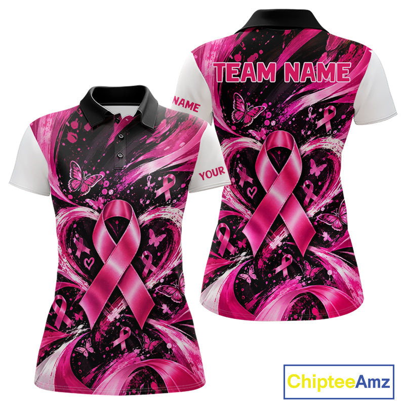 Personalized Pink Ribbon Golf Shirt With Name, Custom Team Name Golf Polo Shirt