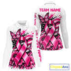 Breast Cancer Awareness Ribbon Butterfly White Polo Shirt, Personalized Pink Golf Shirt