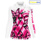 Breast Cancer Awareness Ribbon Butterfly White Polo Shirt, Personalized Pink Golf Shirt