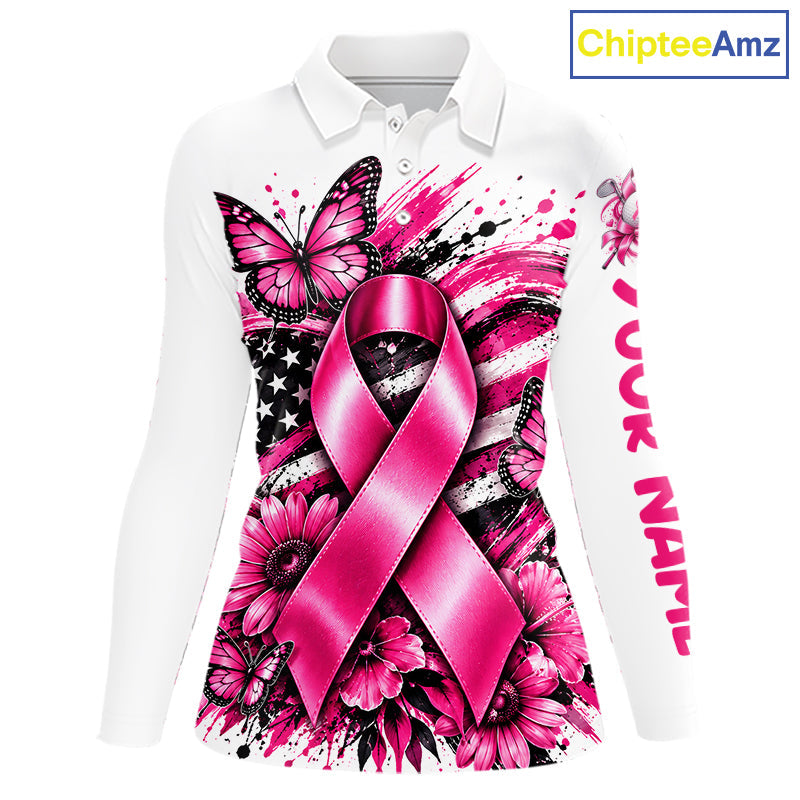 Breast Cancer Awareness Ribbon Butterfly White Polo Shirt, Personalized Pink Golf Shirt