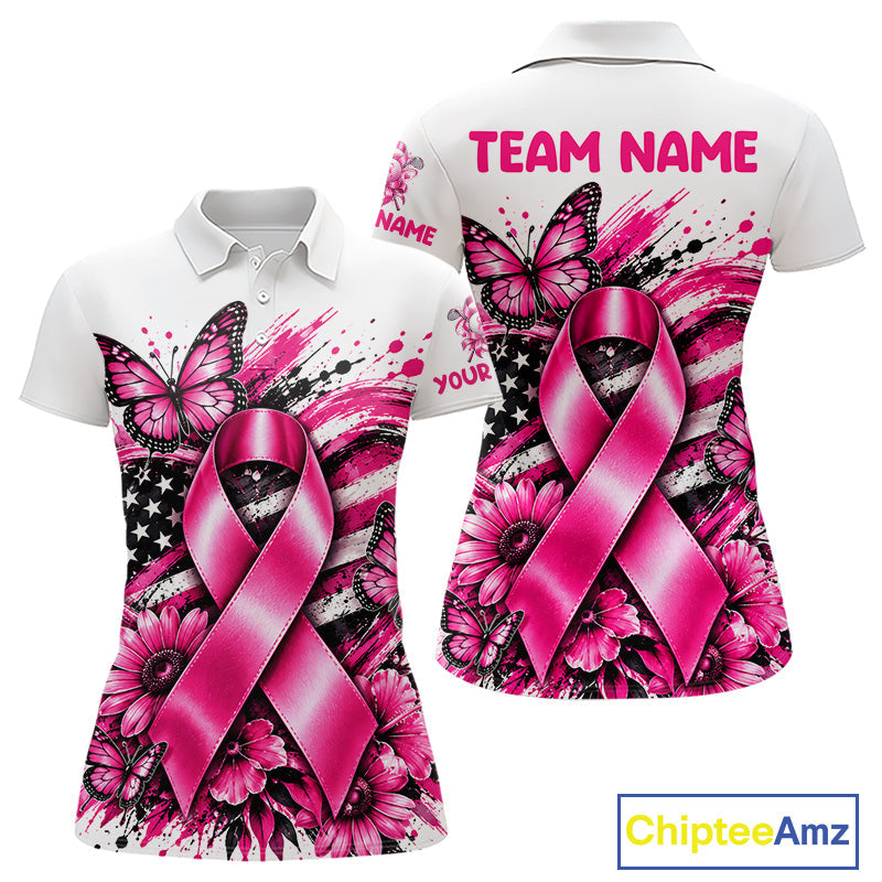 Breast Cancer Awareness Ribbon Butterfly White Polo Shirt, Personalized Pink Golf Shirt