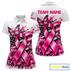 Breast Cancer Awareness Ribbon Butterfly White Polo Shirt, Personalized Pink Golf Shirt