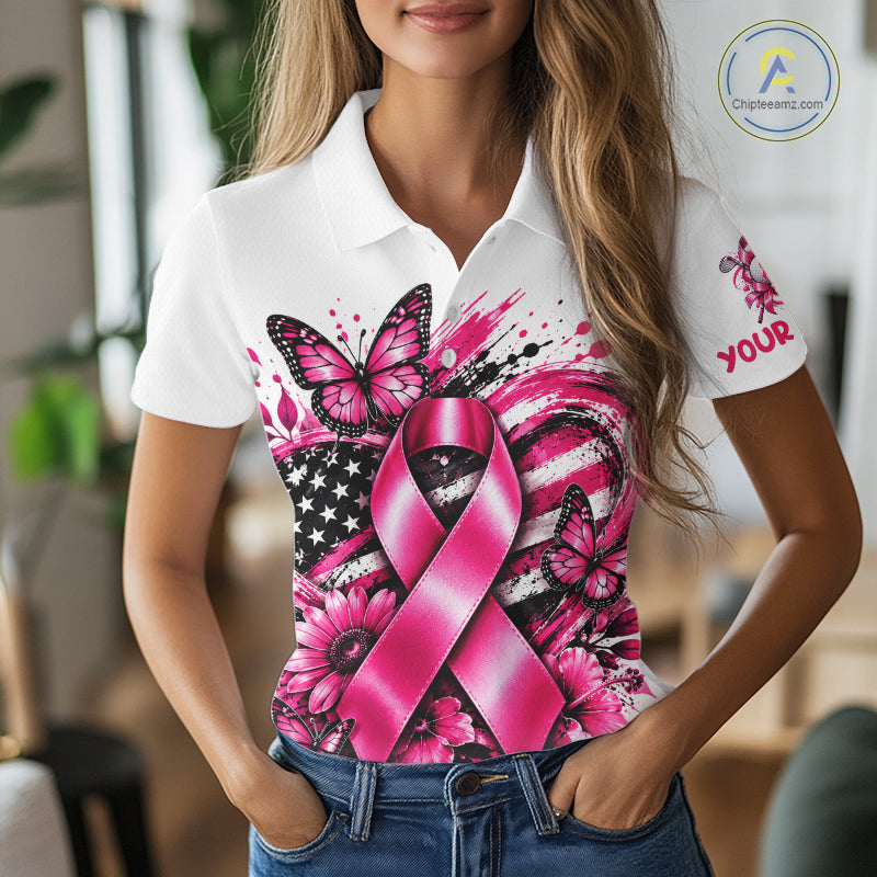 Breast Cancer Awareness Ribbon Butterfly White Polo Shirt, Personalized Pink Golf Shirt