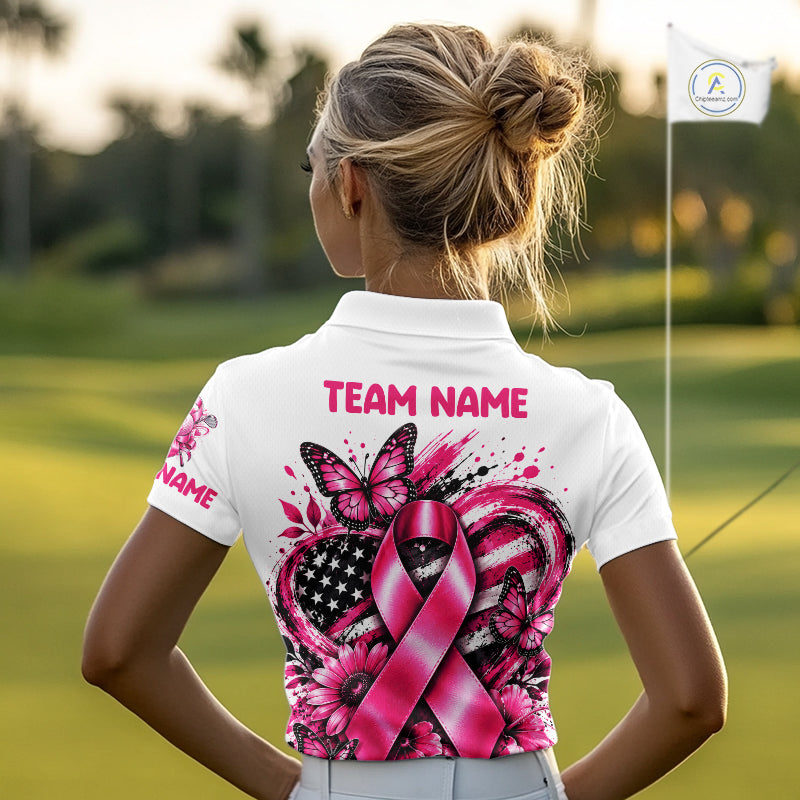 Breast Cancer Awareness Ribbon Butterfly White Polo Shirt, Personalized Pink Golf Shirt