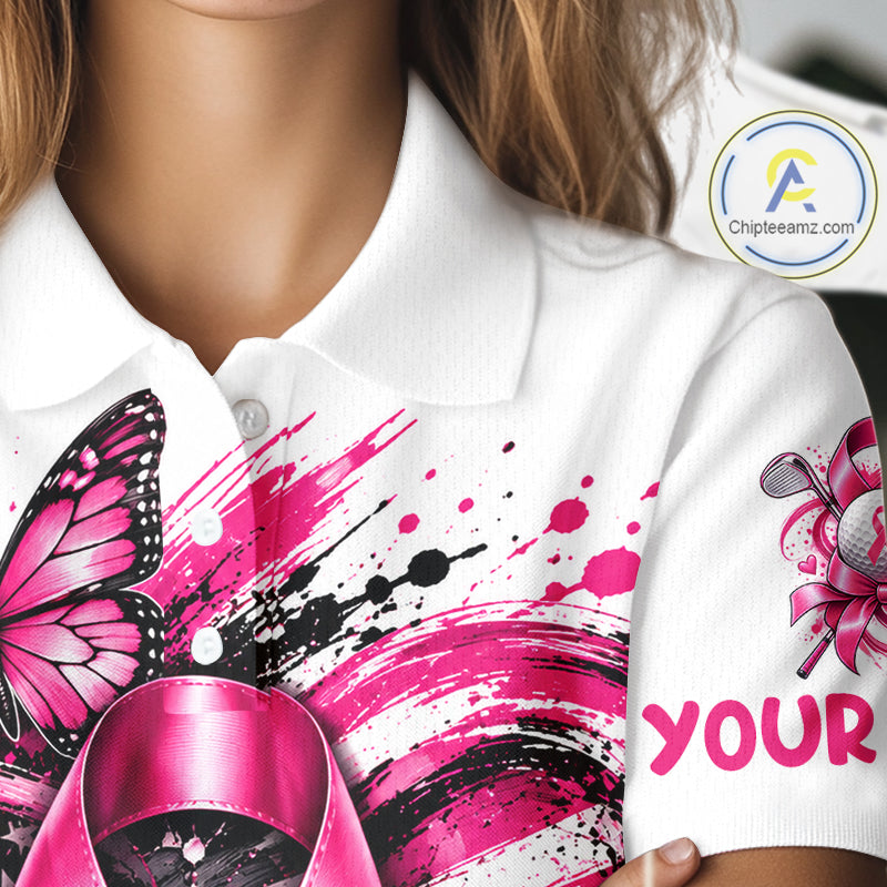 Breast Cancer Awareness Ribbon Butterfly White Polo Shirt, Personalized Pink Golf Shirt