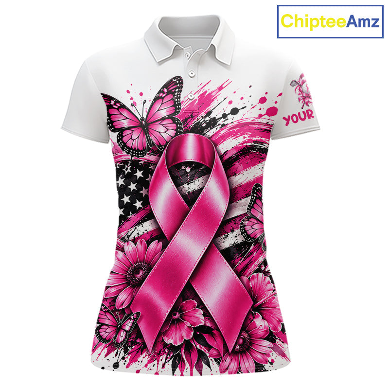 Breast Cancer Awareness Ribbon Butterfly White Polo Shirt, Personalized Pink Golf Shirt