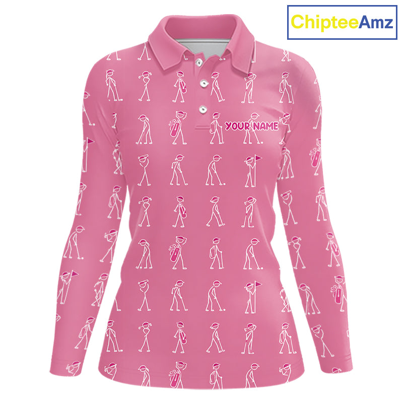 Personalized Stick Figure Golf Pink Polo Shirt, Custom Golf Girl Polo Shirt, Golf Tops