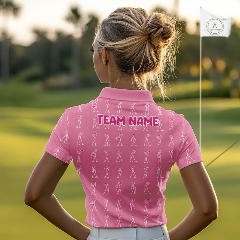 Personalized Stick Figure Golf Pink Polo Shirt, Custom Golf Girl Polo Shirt, Golf Tops