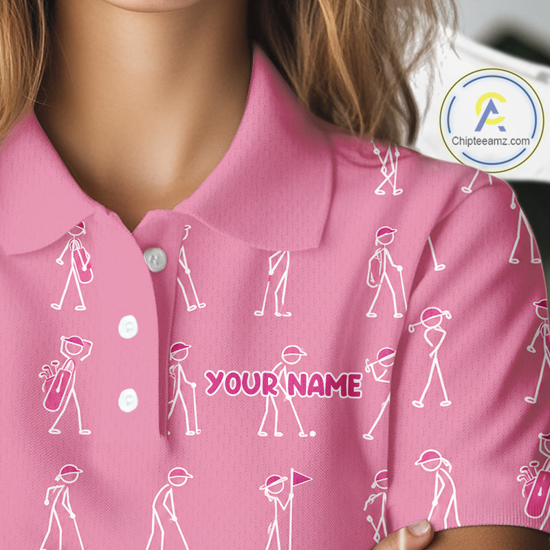 Personalized Stick Figure Golf Pink Polo Shirt, Custom Golf Girl Polo Shirt, Golf Tops