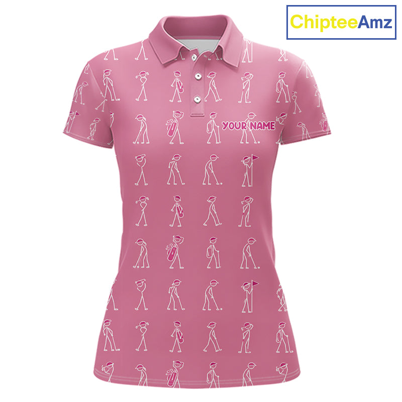 Personalized Stick Figure Golf Pink Polo Shirt, Custom Golf Girl Polo Shirt, Golf Tops