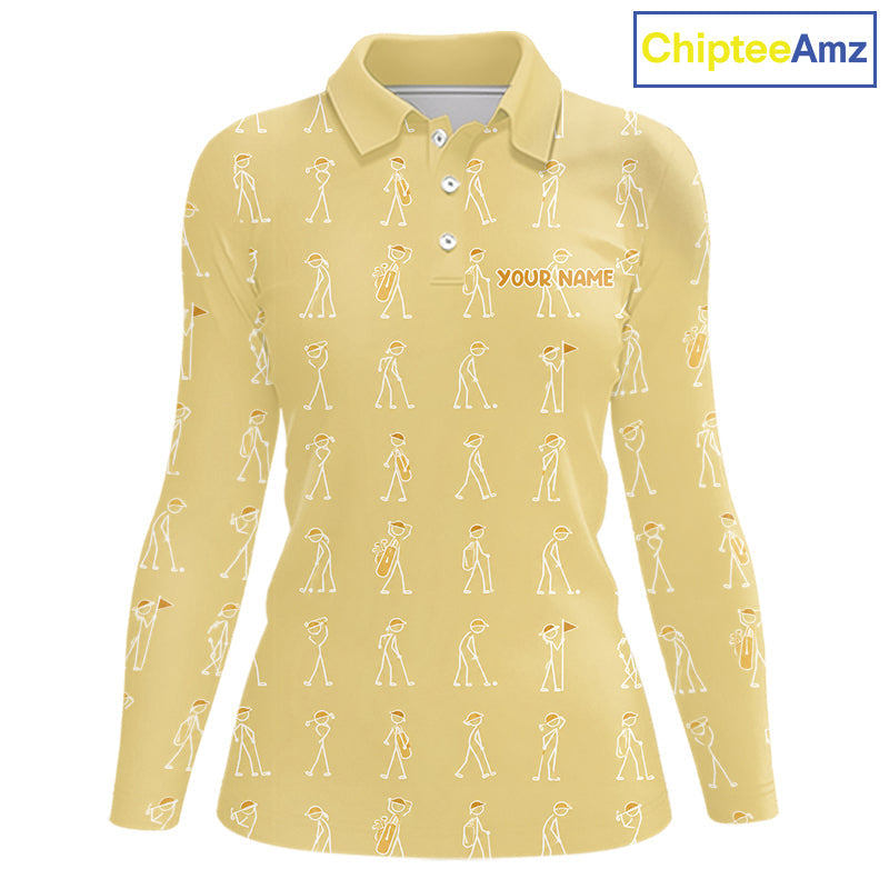 Personalized Stick Figure Golf Yellow Polo Shirt, Custom Golf Girl Polo Shirt, Golf Tops