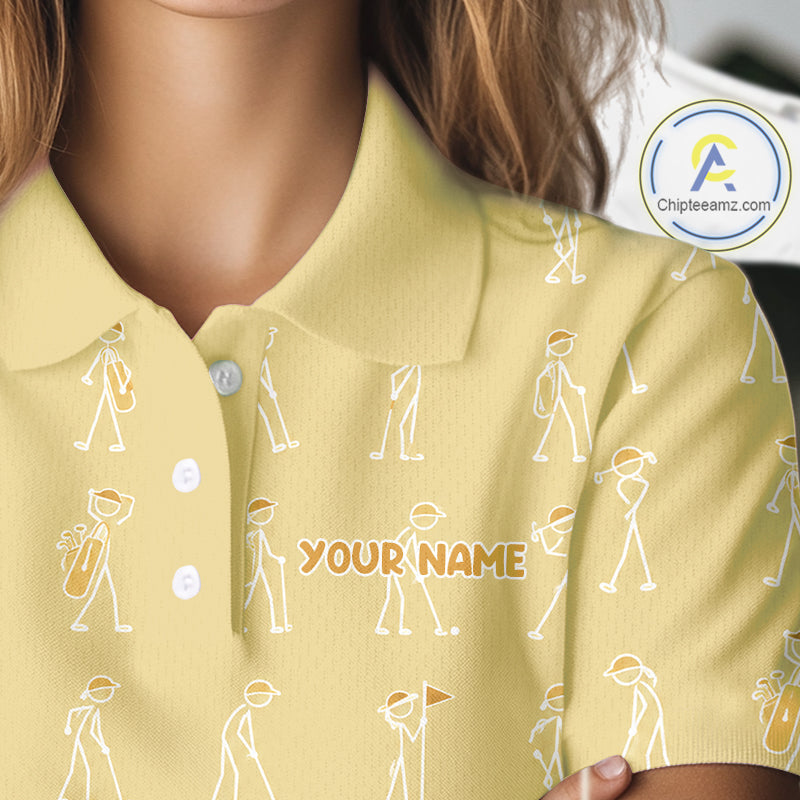 Personalized Stick Figure Golf Yellow Polo Shirt, Custom Golf Girl Polo Shirt, Golf Tops