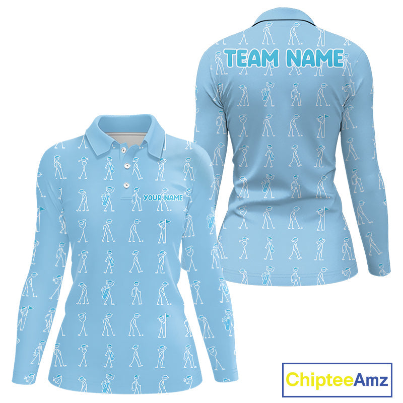 Personalized Stick Figure Golf Blue Polo Shirt, Custom Golf Girl Polo Shirt, Golf Tops
