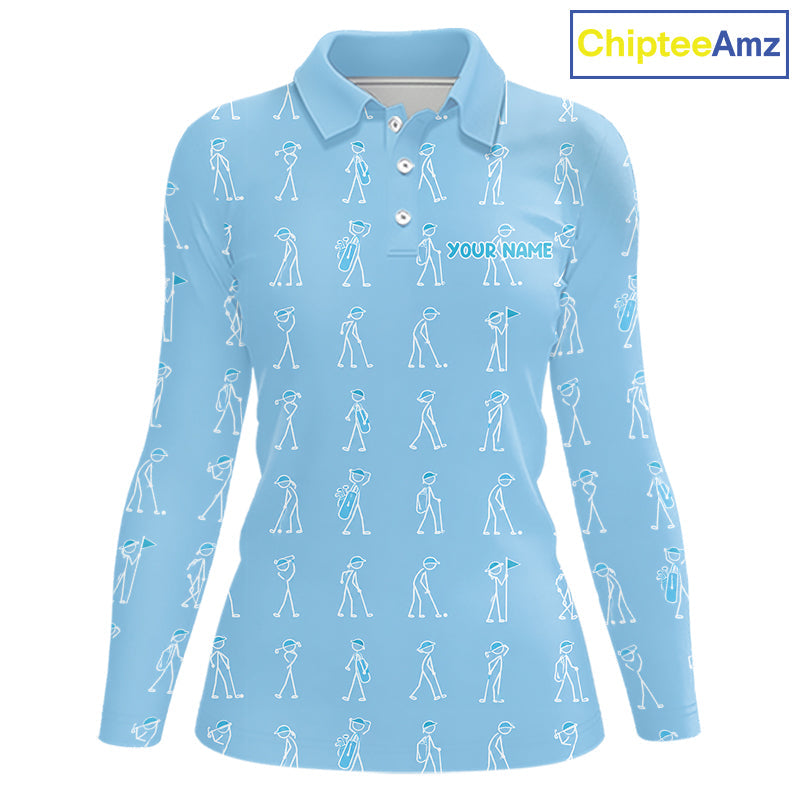 Personalized Stick Figure Golf Blue Polo Shirt, Custom Golf Girl Polo Shirt, Golf Tops
