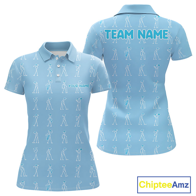 Personalized Stick Figure Golf Blue Polo Shirt, Custom Golf Girl Polo Shirt, Golf Tops