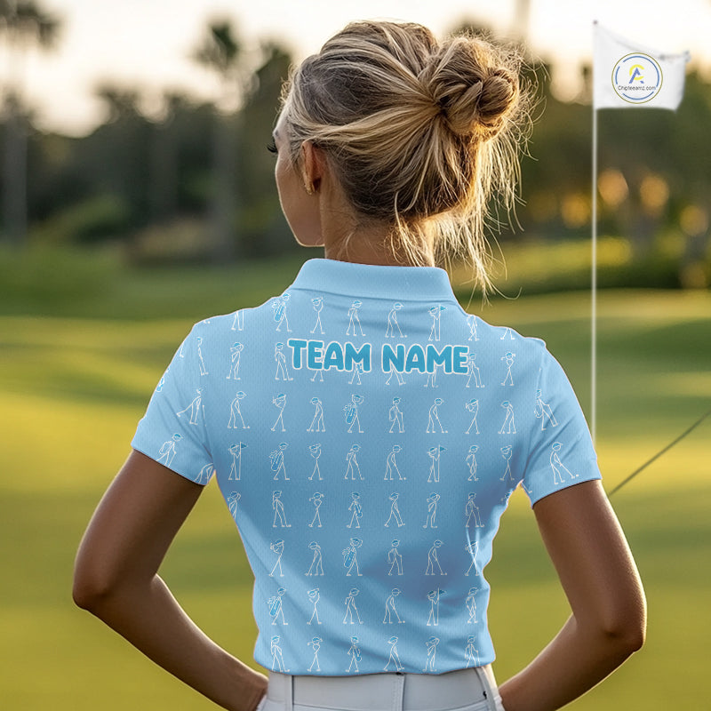 Personalized Stick Figure Golf Blue Polo Shirt, Custom Golf Girl Polo Shirt, Golf Tops