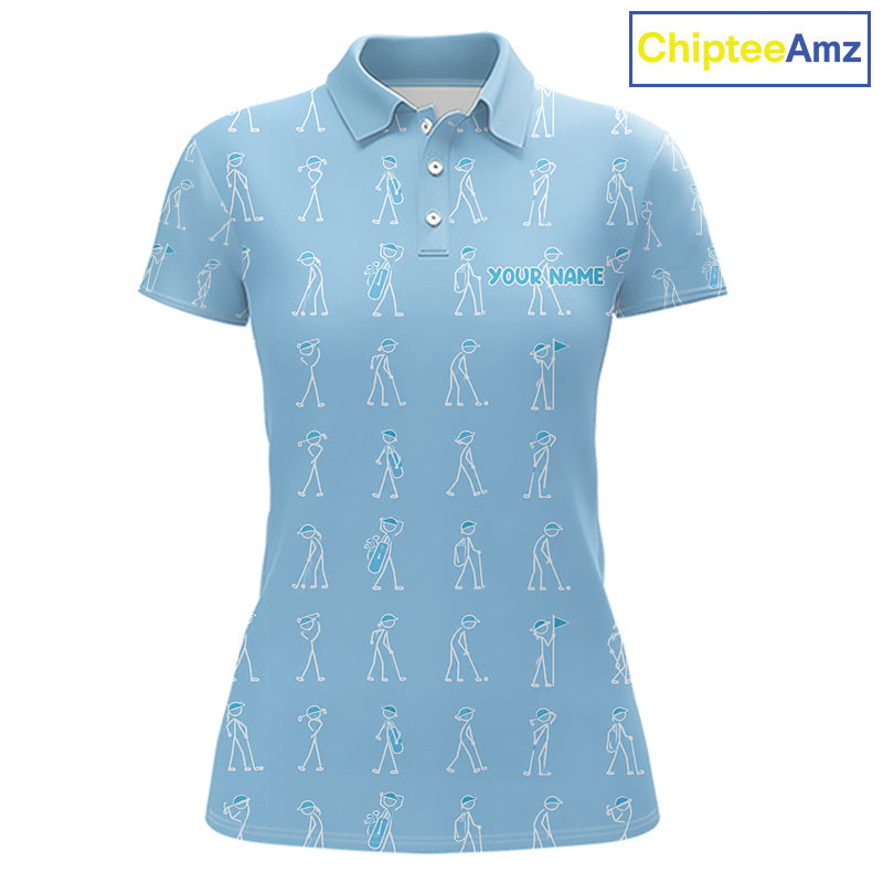 Personalized Stick Figure Golf Blue Polo Shirt, Custom Golf Girl Polo Shirt, Golf Tops