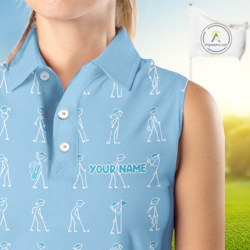 Personalized Stick Figure Golf Blue Polo Shirt, Custom Golf Girl Polo Shirt, Golf Tops