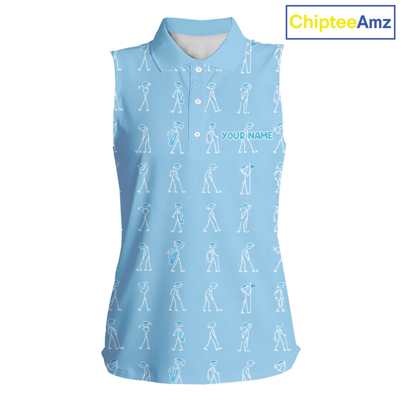 Personalized Stick Figure Golf Blue Polo Shirt, Custom Golf Girl Polo Shirt, Golf Tops