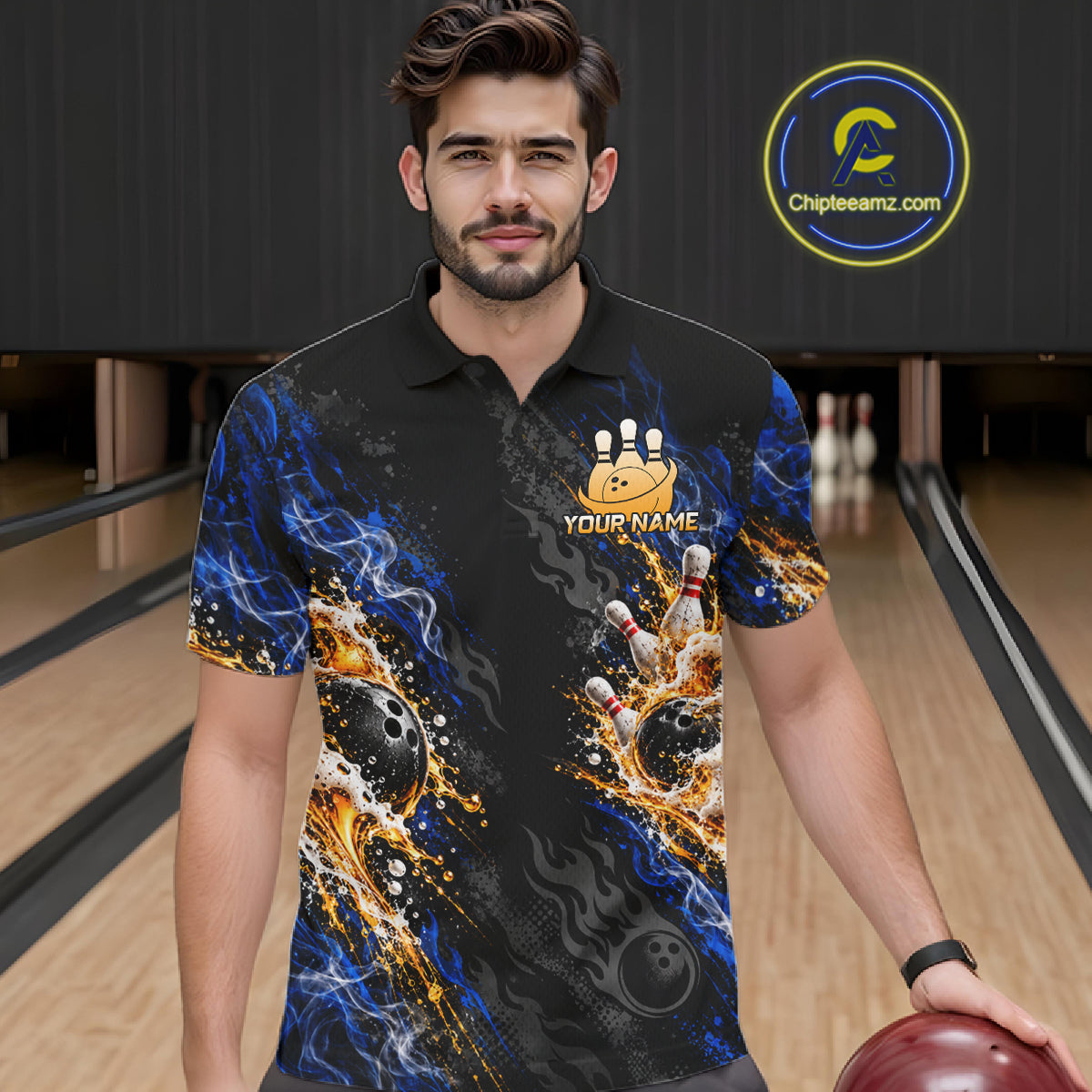 Blue Fire Flame Bowling Polo Shirt Custom Black Team Tournament Jersey