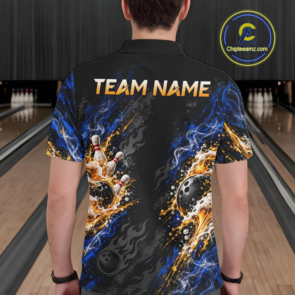 Blue Fire Flame Bowling Polo Shirt Custom Black Team Tournament Jersey