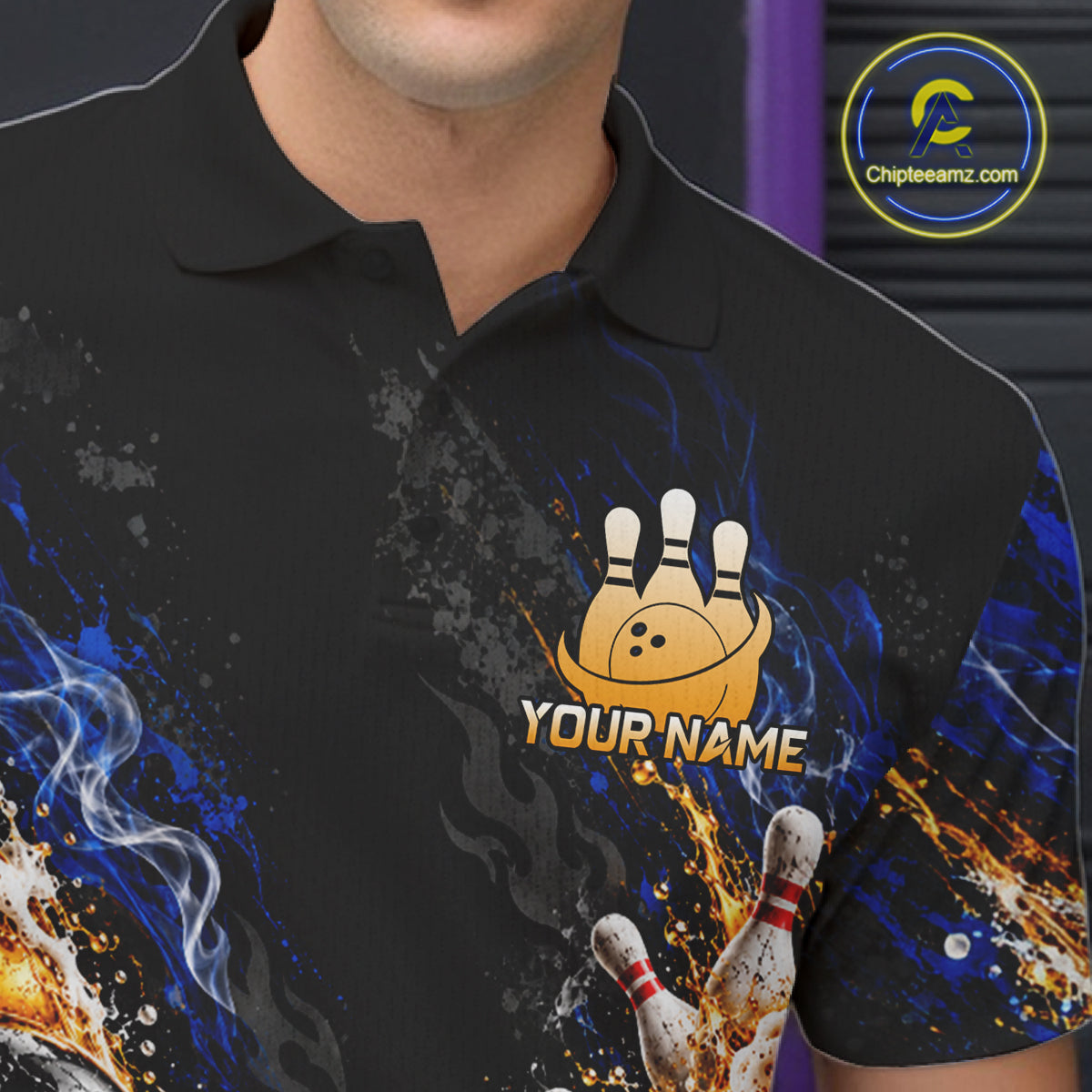 Blue Fire Flame Bowling Polo Shirt Custom Black Team Tournament Jersey