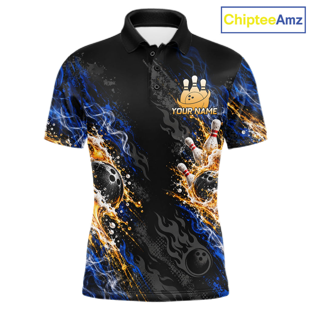 Blue Fire Flame Bowling Polo Shirt Custom Black Team Tournament Jersey