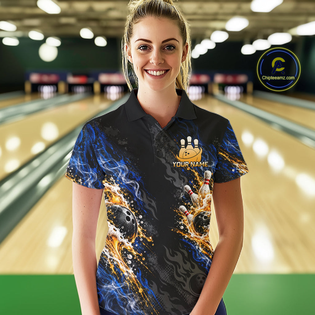 Blue Fire Flame Bowling Polo Shirt Custom Black Team Tournament Jersey