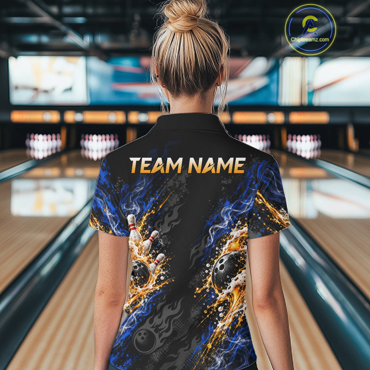 Blue Fire Flame Bowling Polo Shirt Custom Black Team Tournament Jersey