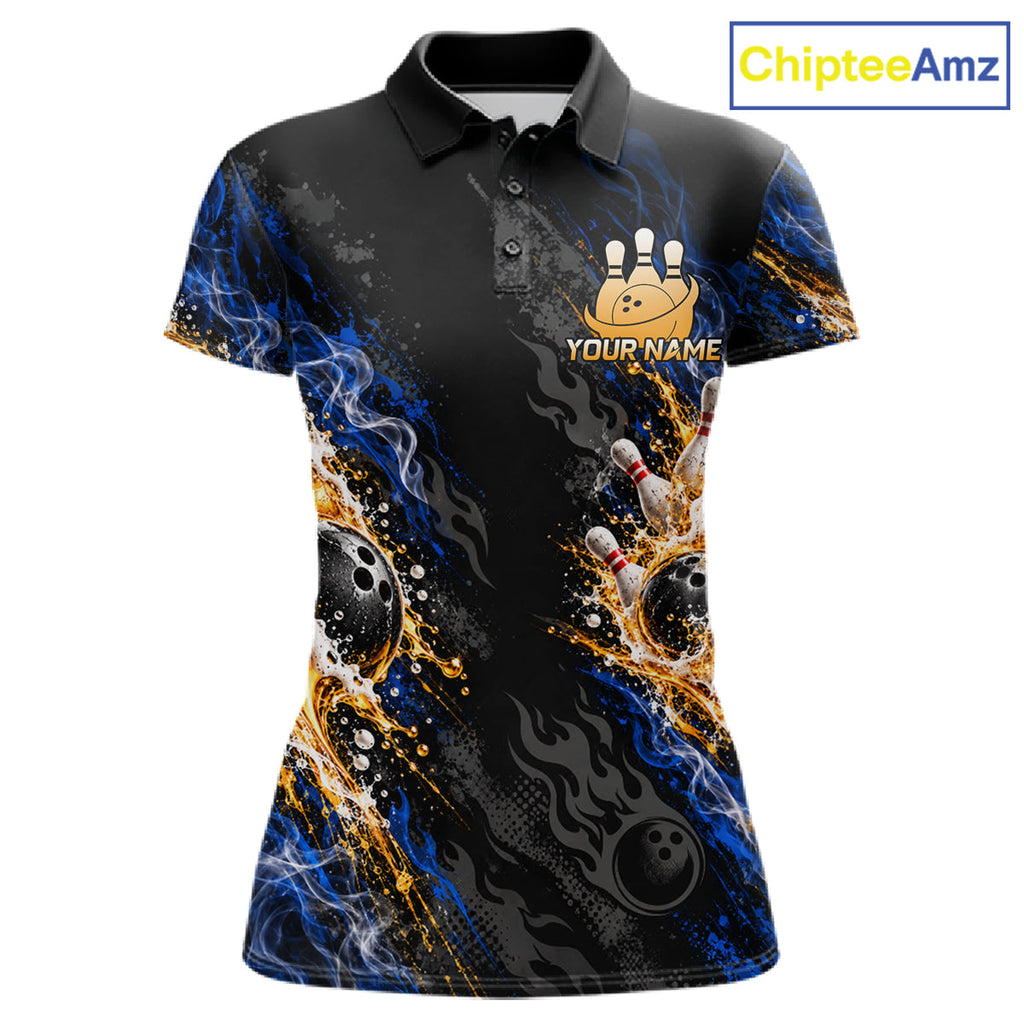 Blue Fire Flame Bowling Polo Shirt Custom Black Team Tournament Jersey
