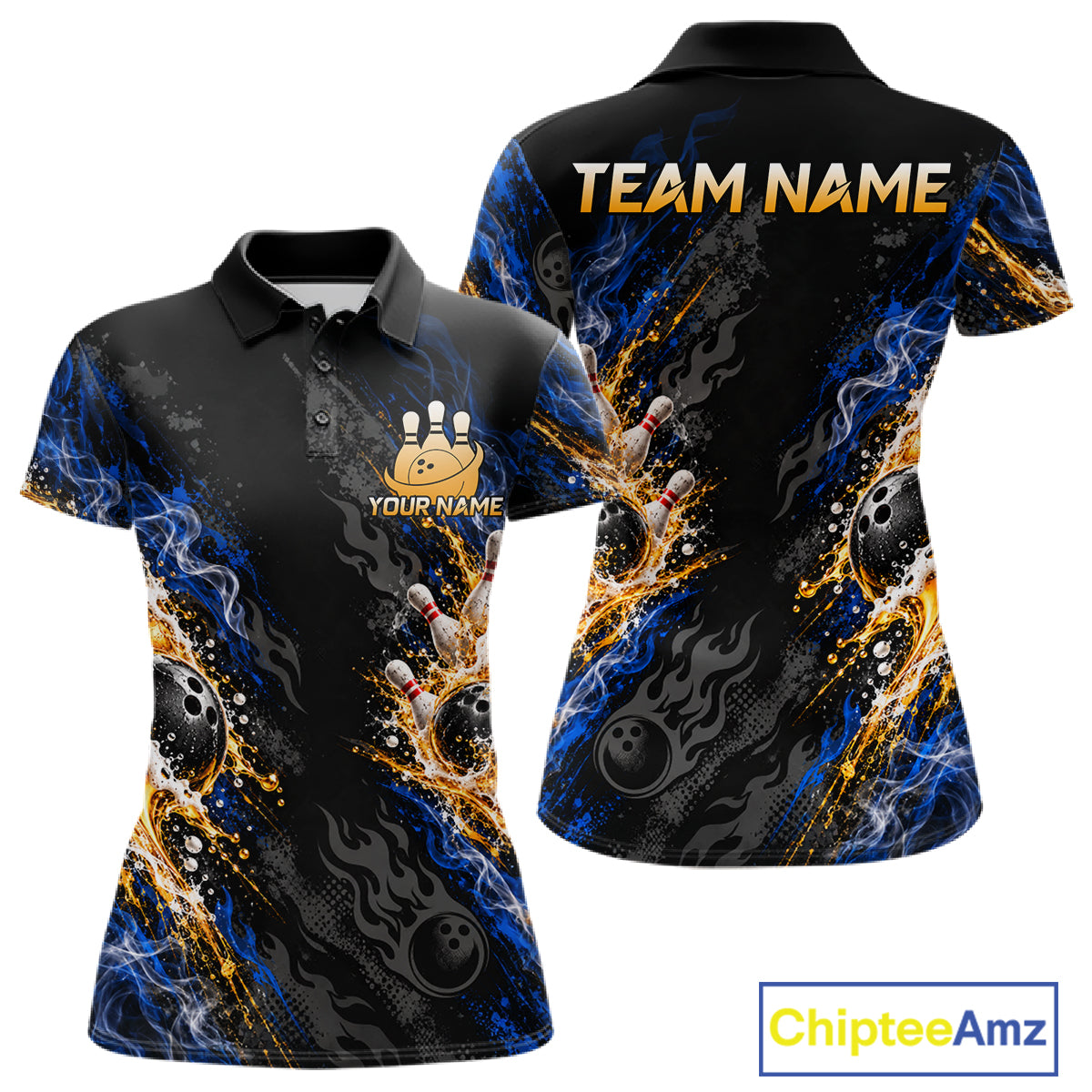 Blue Fire Flame Bowling Polo Shirt Custom Black Team Tournament Jersey