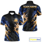 Blue Fire Flame Bowling Polo Shirt Custom Black Team Tournament Jersey