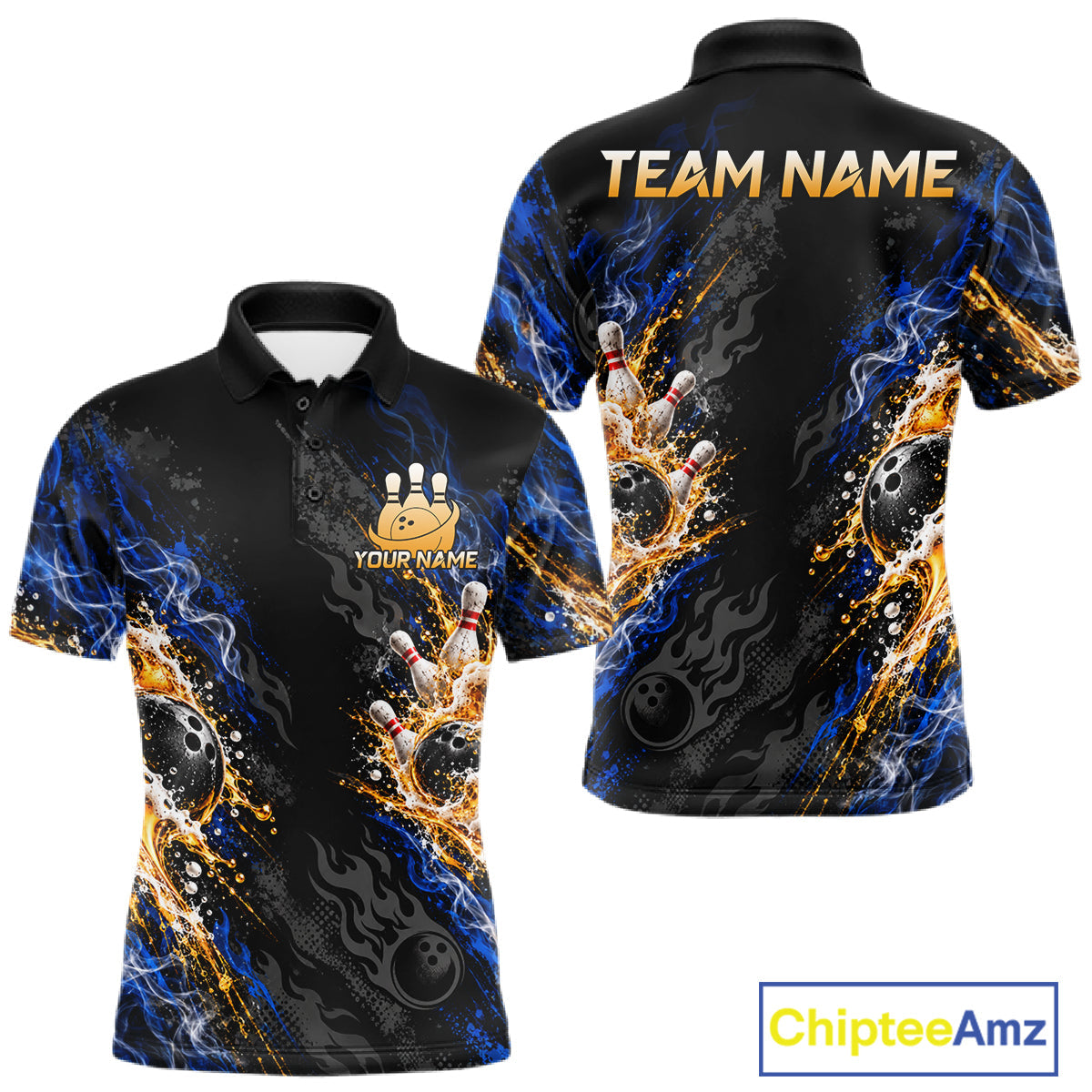 Blue Fire Flame Bowling Polo Shirt Custom Black Team Tournament Jersey