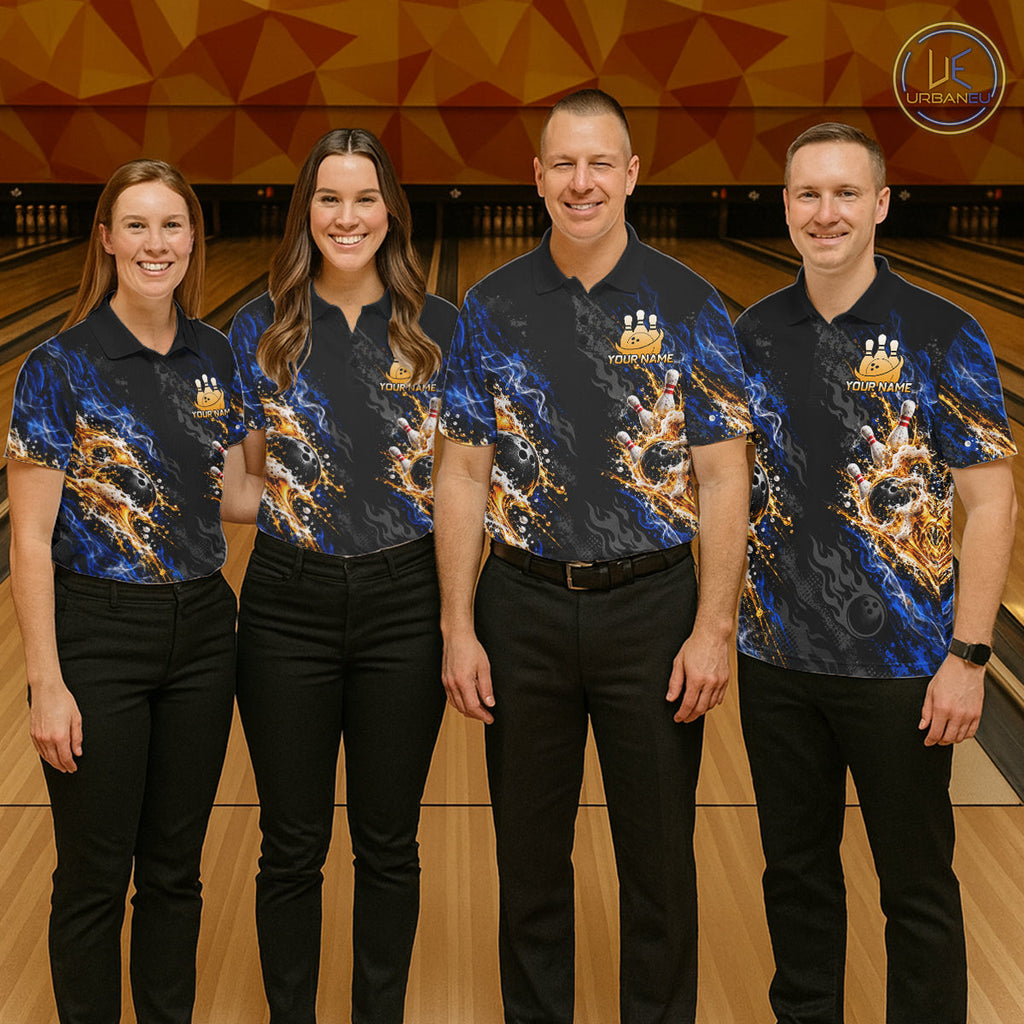 Blue Fire Flame Bowling Polo Shirt Custom Black Team Tournament Jersey
