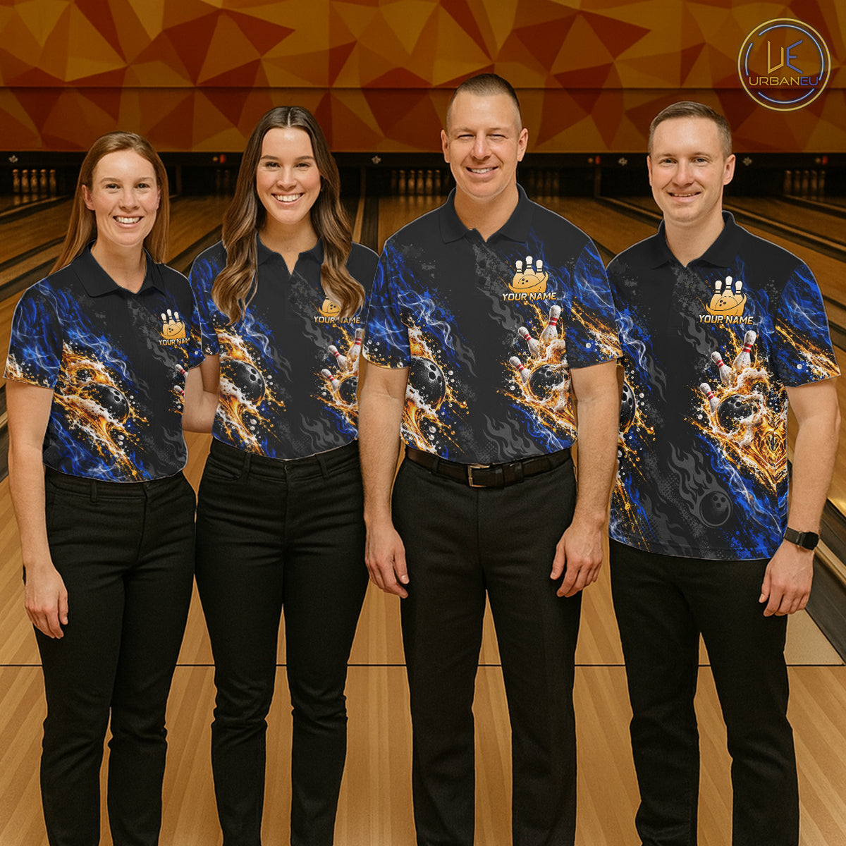 Blue Fire Flame Bowling Polo Shirt Custom Black Team Tournament Jersey