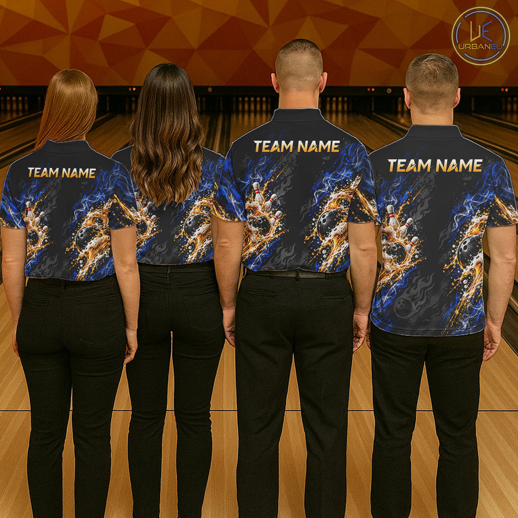 Blue Fire Flame Bowling Polo Shirt Custom Black Team Tournament Jersey