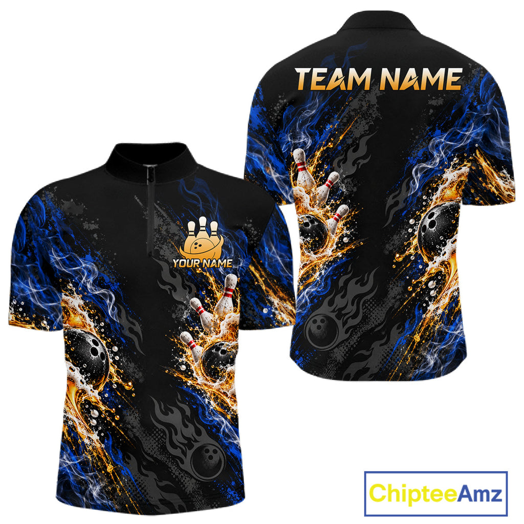 Blue Fire Flame Bowling Polo Shirt Custom Black Team Tournament Jersey
