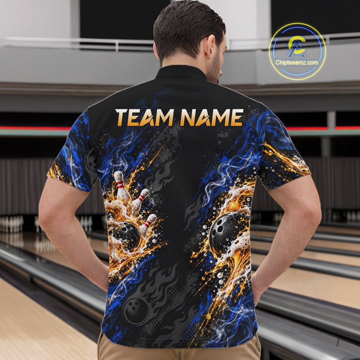 Blue Fire Flame Bowling Polo Shirt Custom Black Team Tournament Jersey