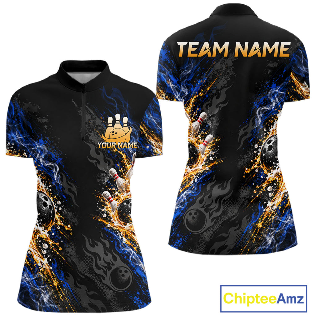 Blue Fire Flame Bowling Polo Shirt Custom Black Team Tournament Jersey