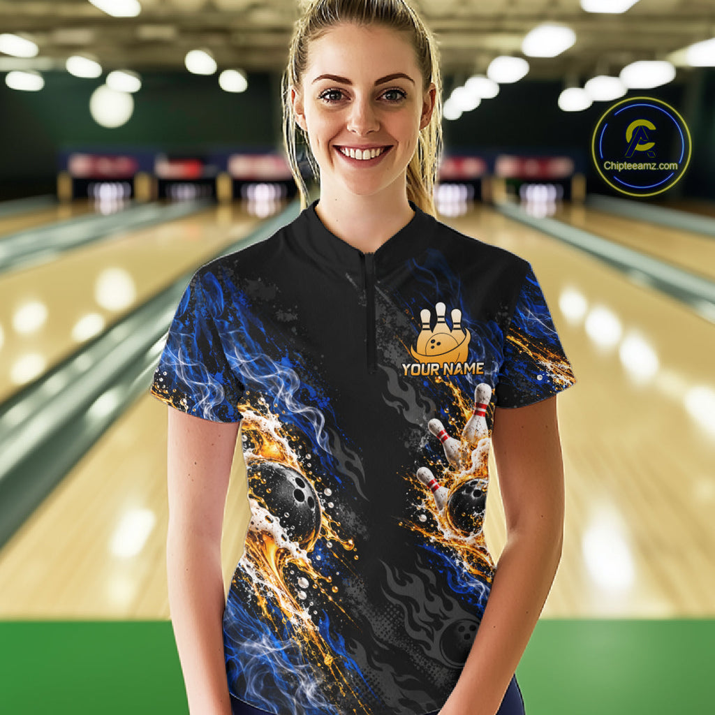 Blue Fire Flame Bowling Polo Shirt Custom Black Team Tournament Jersey